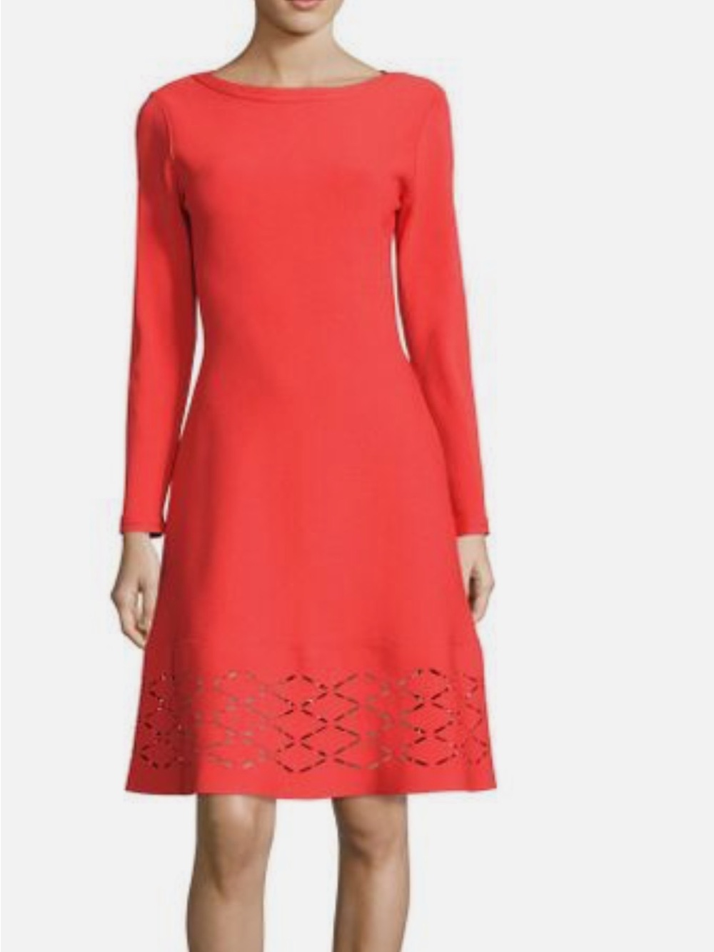 Lela Rose Laser Cut Hem Knit Stretch Sleeved Dress Red Coral Fit & Flare